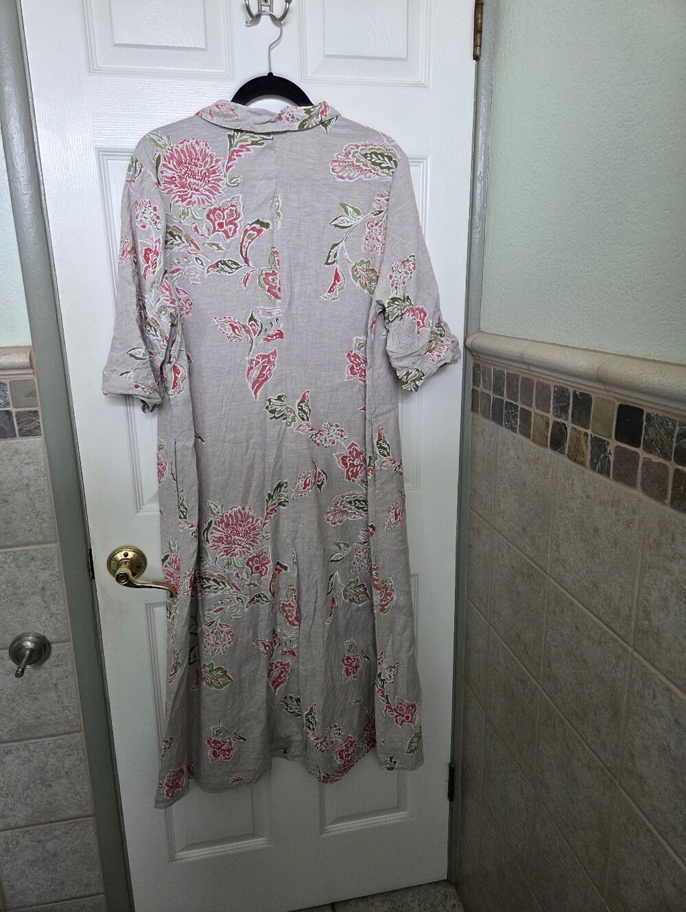 Habitat Beige Linen Cotton Floral Button-Front Midi Dress with Pink Accents XL - Picture 7 of 8